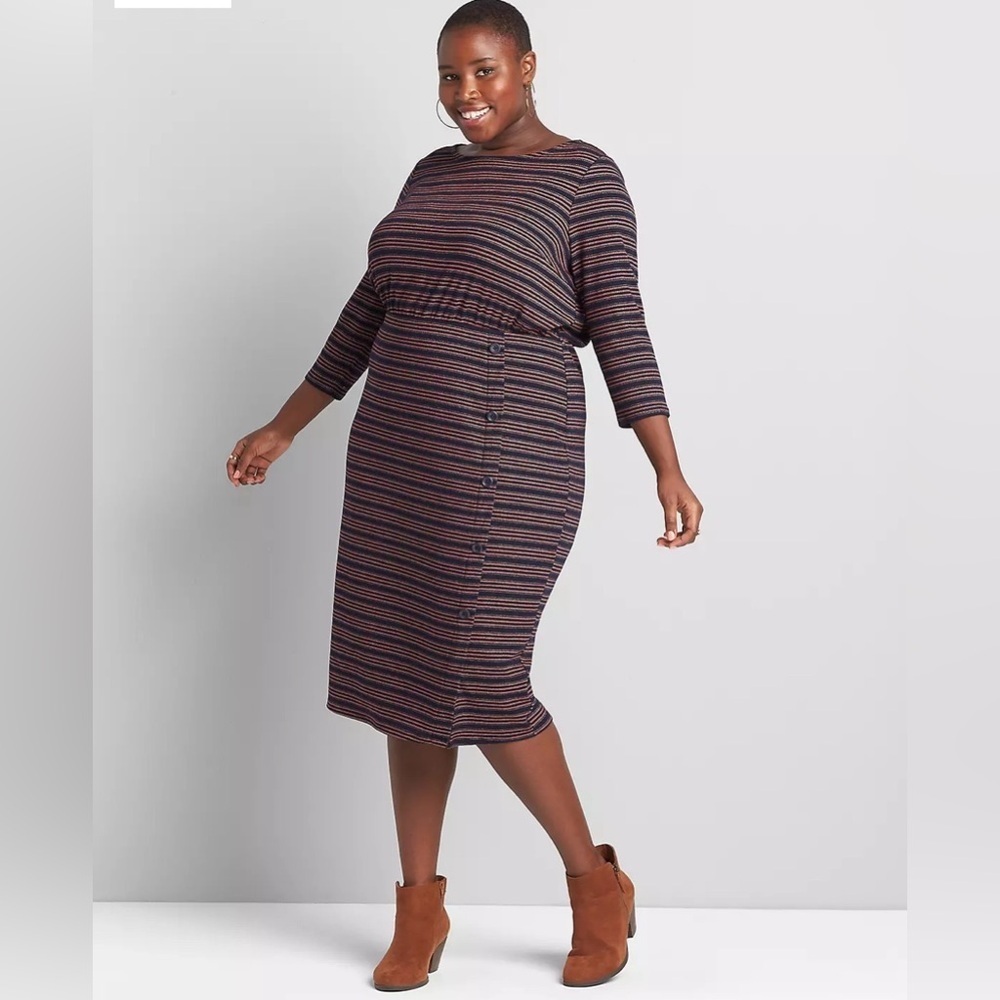 Lane Bryant Navy Multicolor Striped Midi Dress with Side Buttons